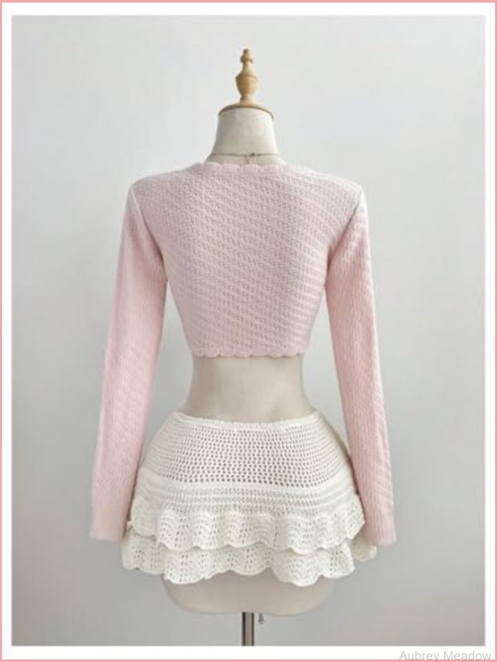 Crochet Knit Cardigan Sweater - V Neck Bow Tie Front Scalloped Trim Cropped - Picture 3 of 6